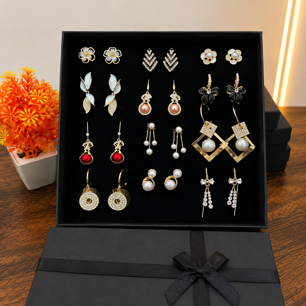 Trending Stainless Steel & Zircon Earrings Gift Collection (12 PAIRS) ✨
