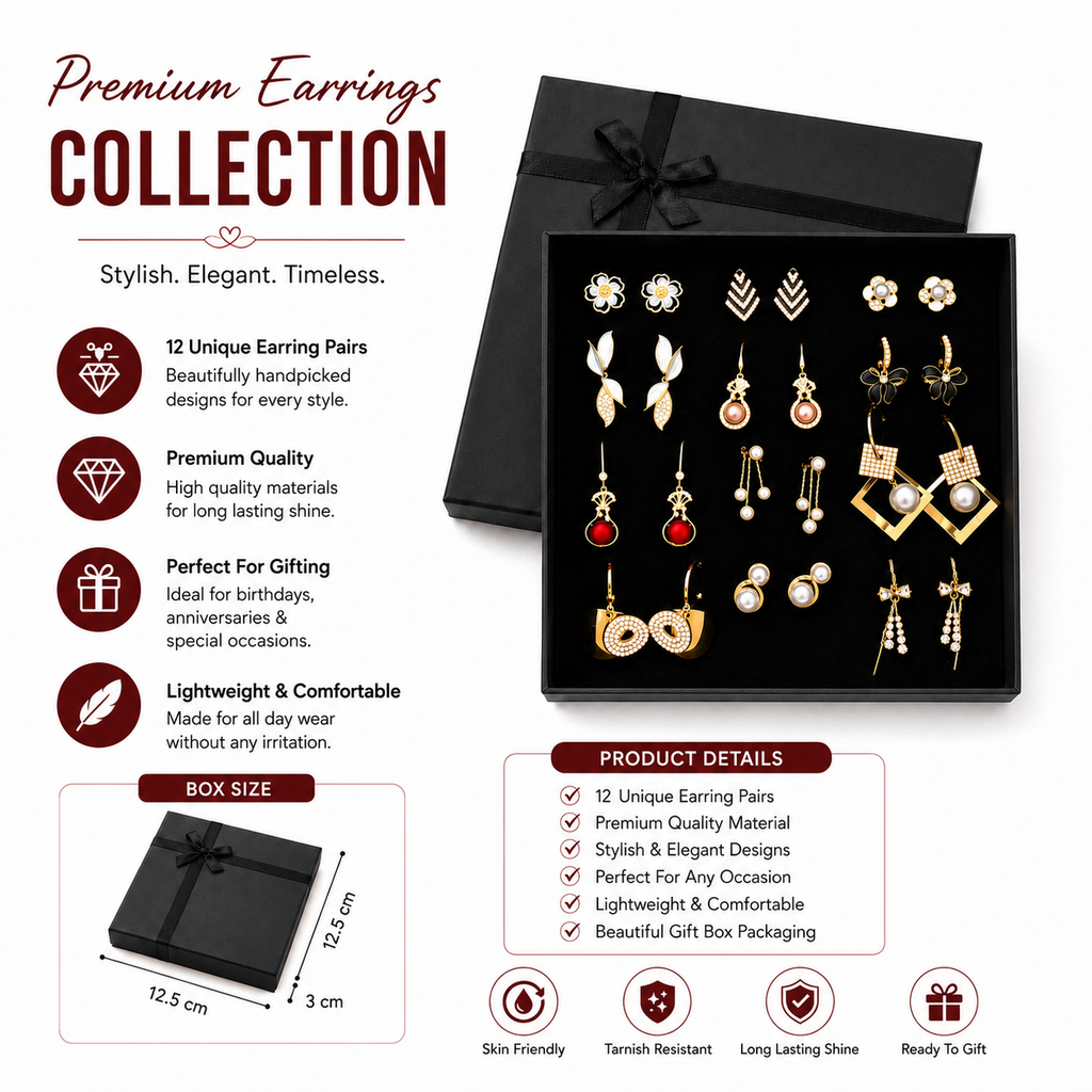 Trending Stainless Steel & Zircon Earrings Gift Collection (12 PAIRS) ✨
