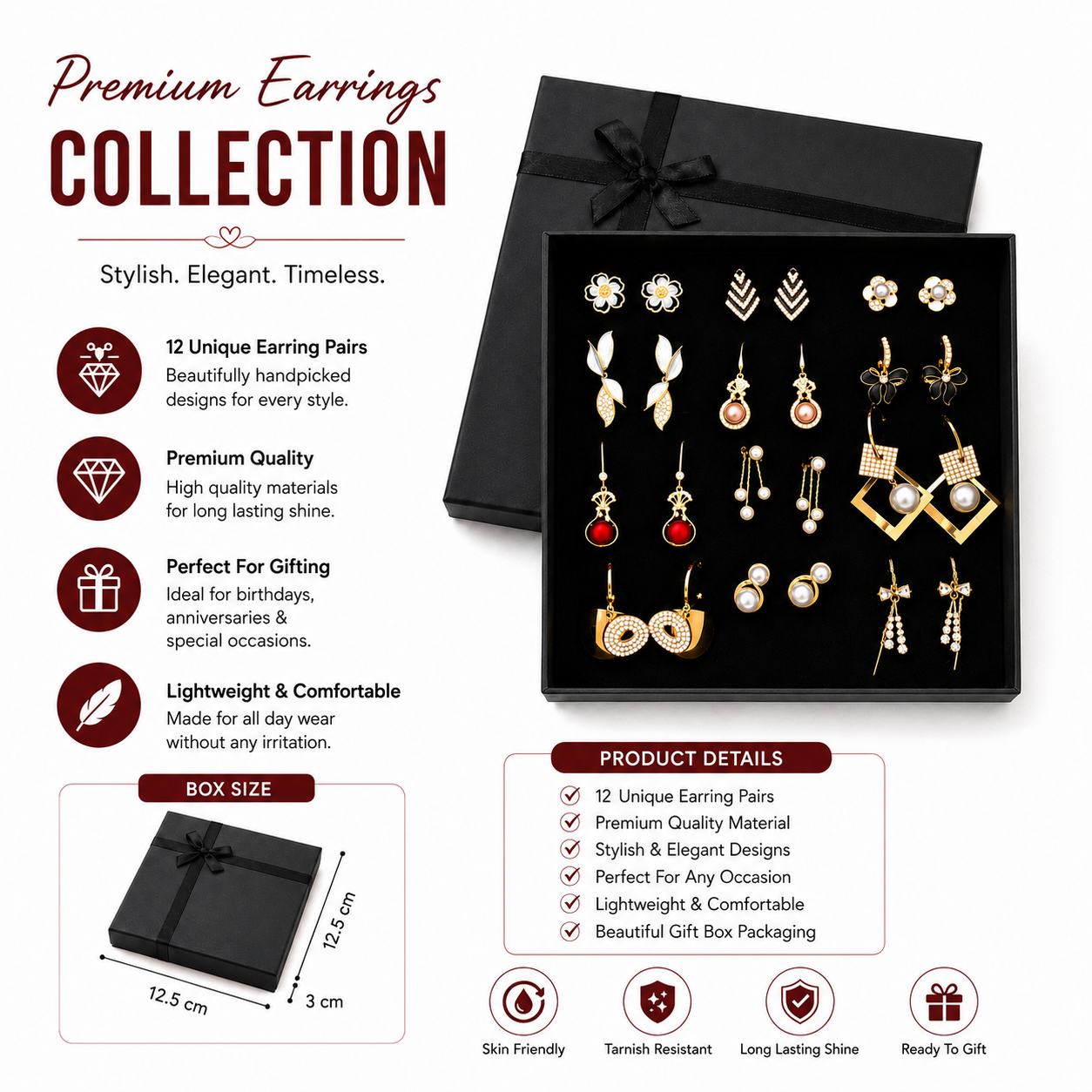 Trending Stainless Steel & Zircon Earrings Gift Collection (12 PAIRS) ✨